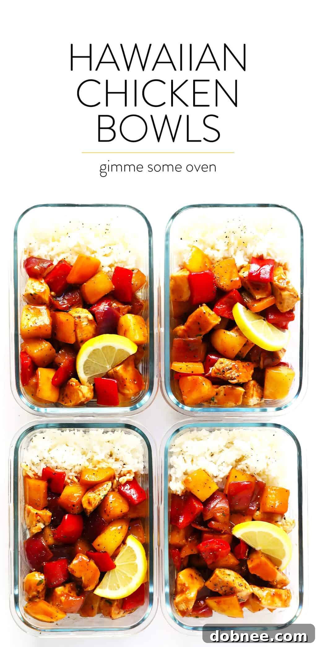 A beautifully presented Hawaiian BBQ Chicken Bowl, ready to be enjoyed, featuring succulent chicken, colorful vegetables, and sweet pineapple.