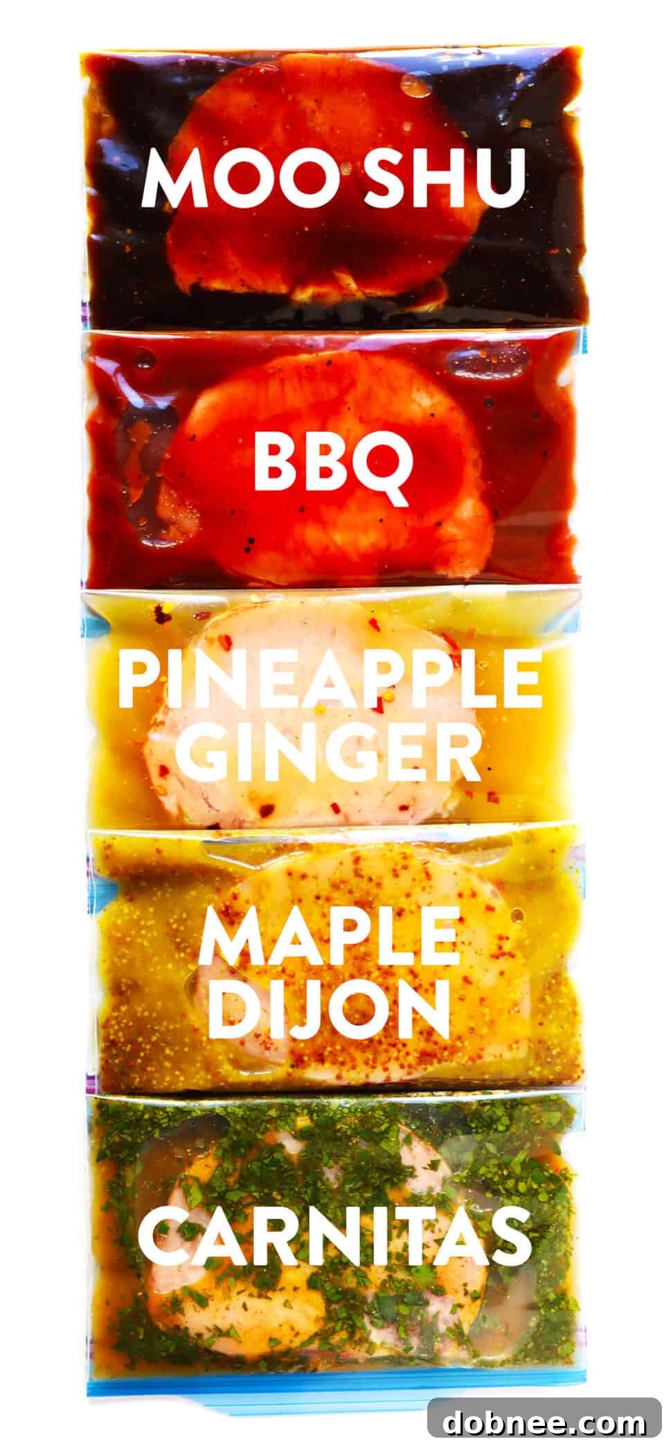 A vibrant collection of five diverse pork marinades in separate clear containers, ready for use or freezer storage. The marinades include Moo Shu (Hoisin), BBQ, Pineapple Ginger, Maple Dijon, and Carnitas, each showcasing its unique color and texture. The focus is on their convenience for meal prep and suitability for various cooking methods and pork cuts.