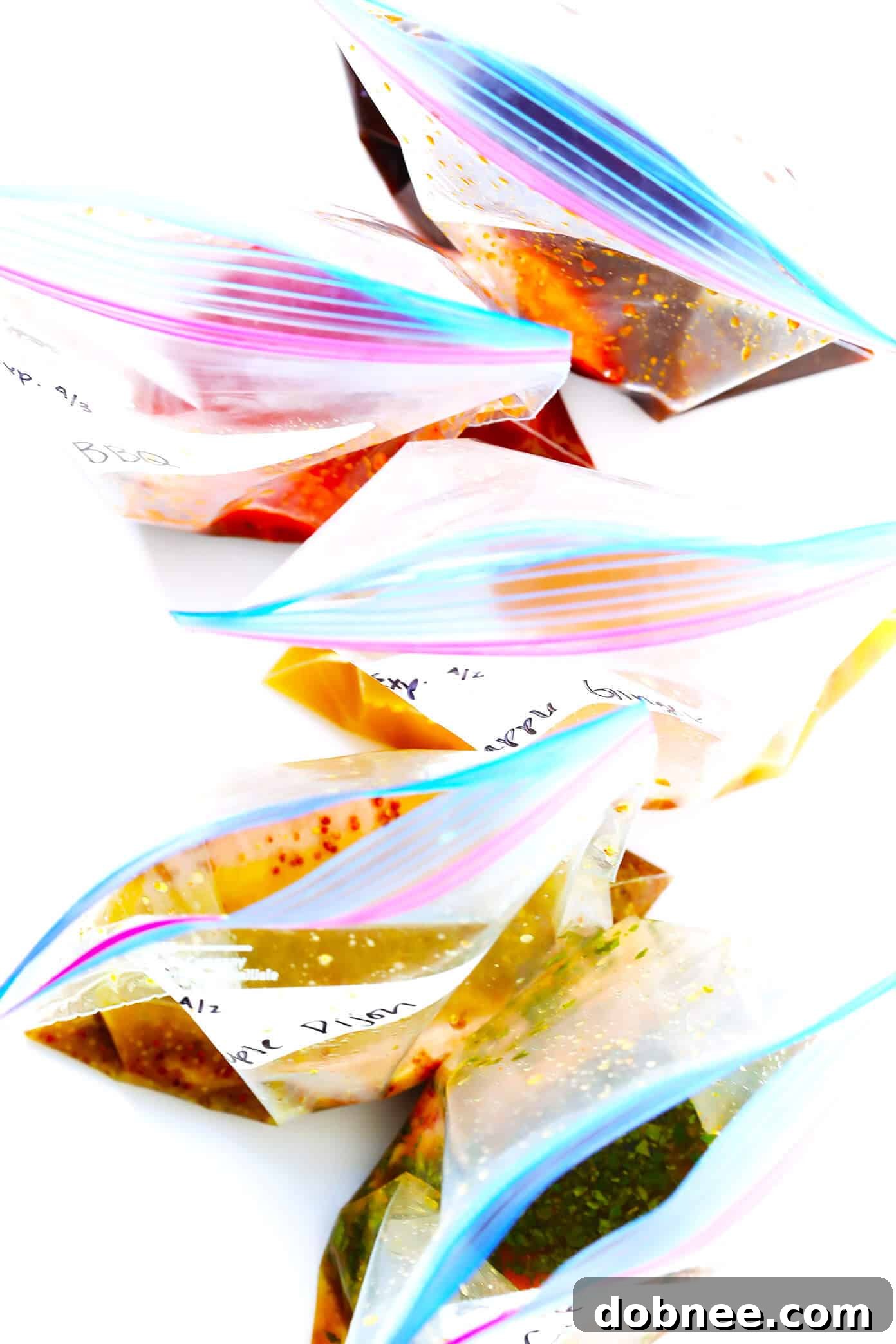 Various cooking utensils and equipment for preparing marinated pork. This includes freezer bags for meal prep, meal prep containers for short-term marinating, and everyday mixing bowls covered with plastic wrap, illustrating different storage and marinating options.