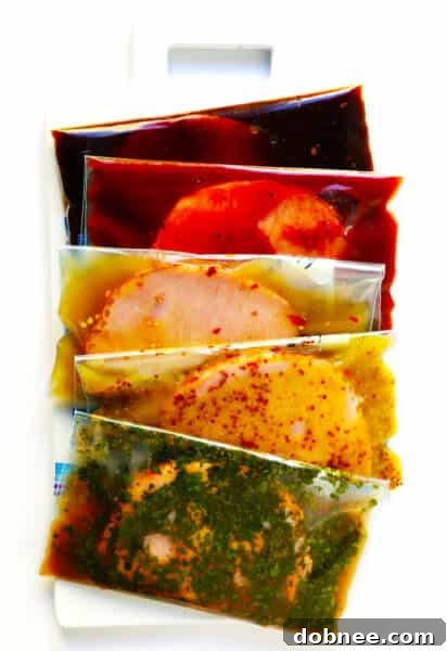 A stack of five delicious pork marinades: Moo Shu, BBQ, Pineapple Ginger, Maple Dijon, and Carnitas, presented in clear jars. The image highlights their appealing colors and textures, emphasizing their readiness for use in various pork dishes.