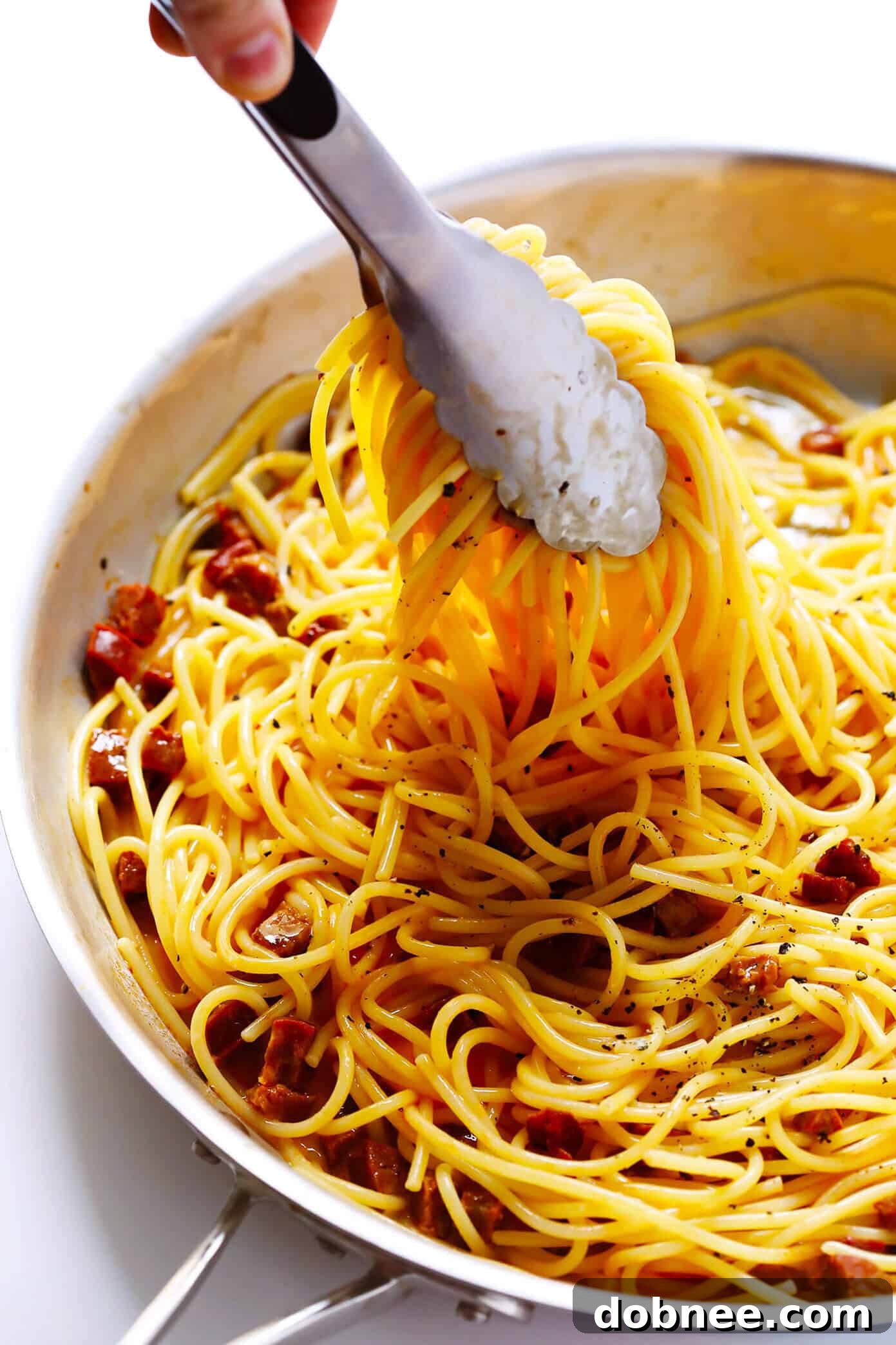 Delicious Spanish Chorizo Spaghetti Carbonara in a pan, ready to be served