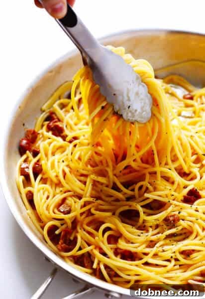 Spanish Chorizo Spaghetti Carbonara in a serving bowl