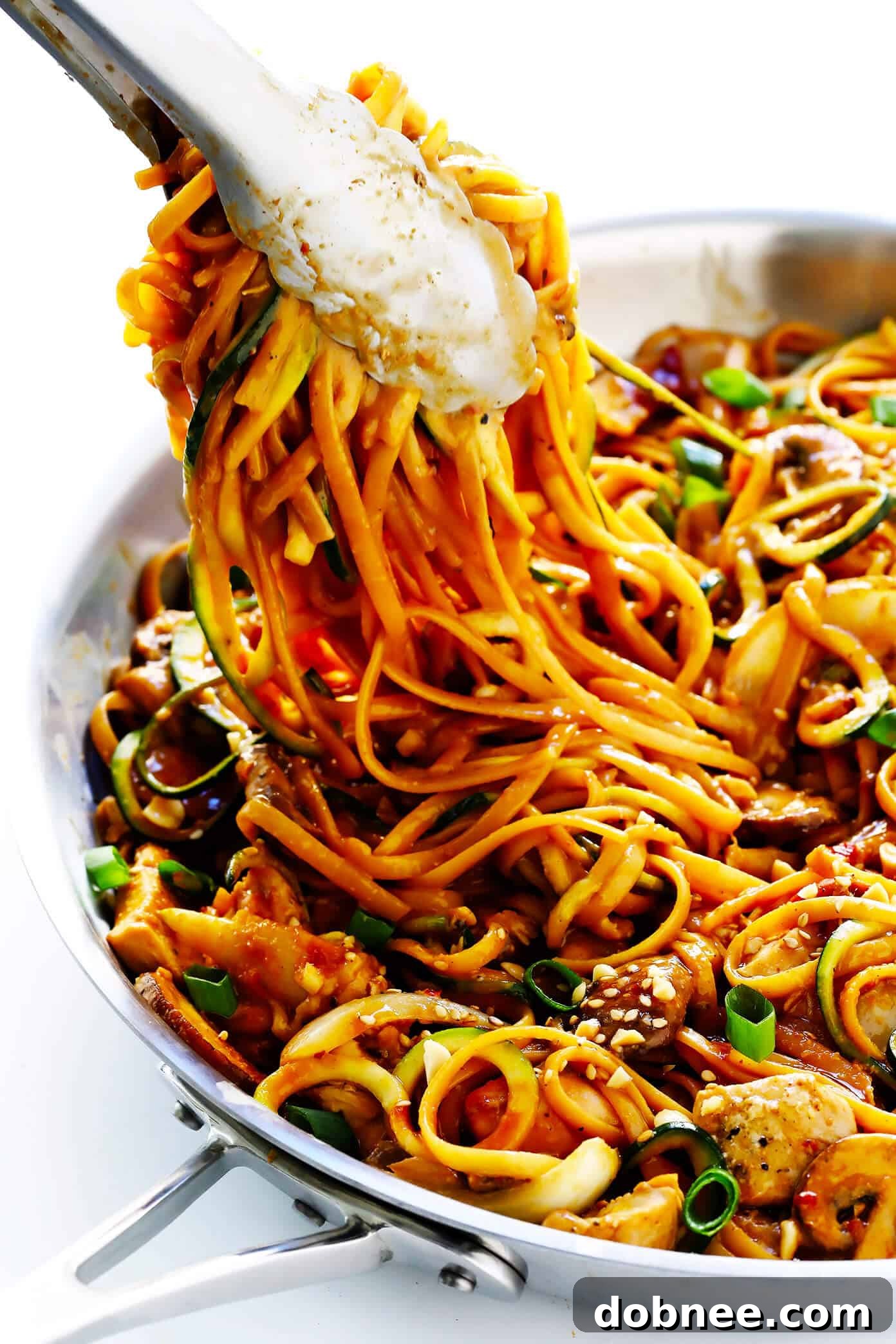 Close-up of Kung Pao Chicken Noodle Stir-Fry in a bowl