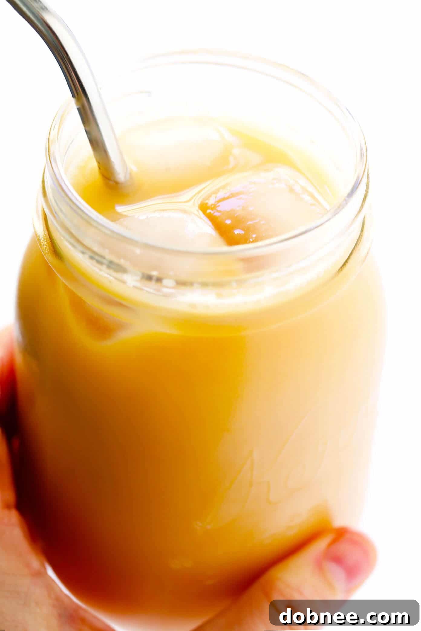 Step-by-step preparation of an Iced Rooibos Latte, showing the tea base and milk being combined