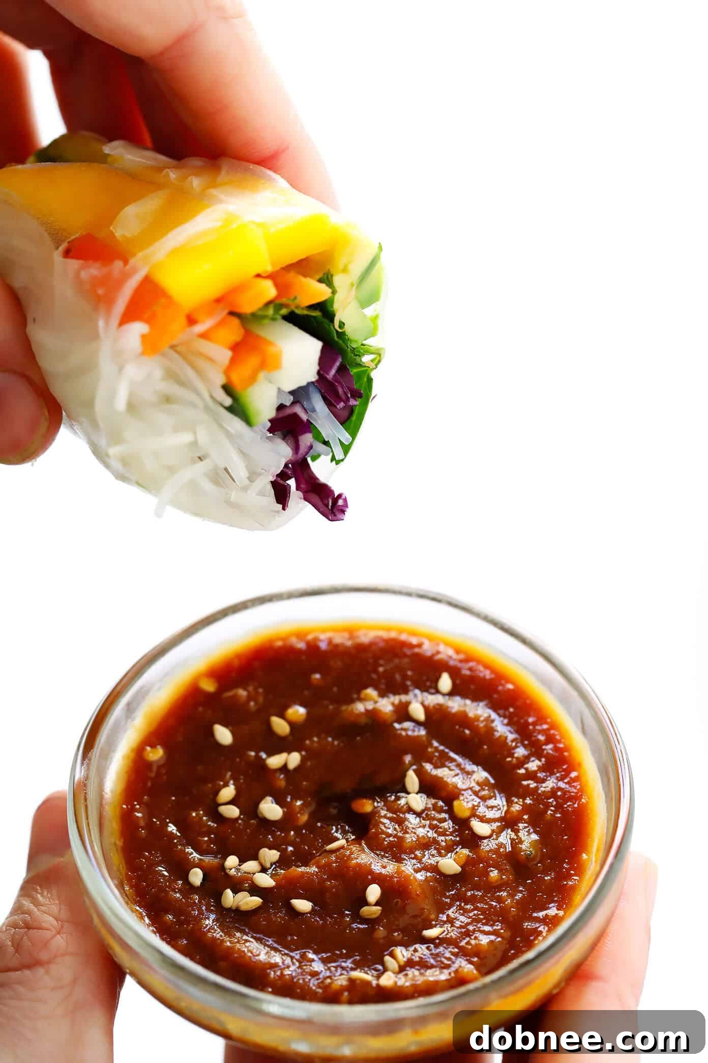 Easy Mango Avocado Spring Rolls dipped in a delicious peanut sauce