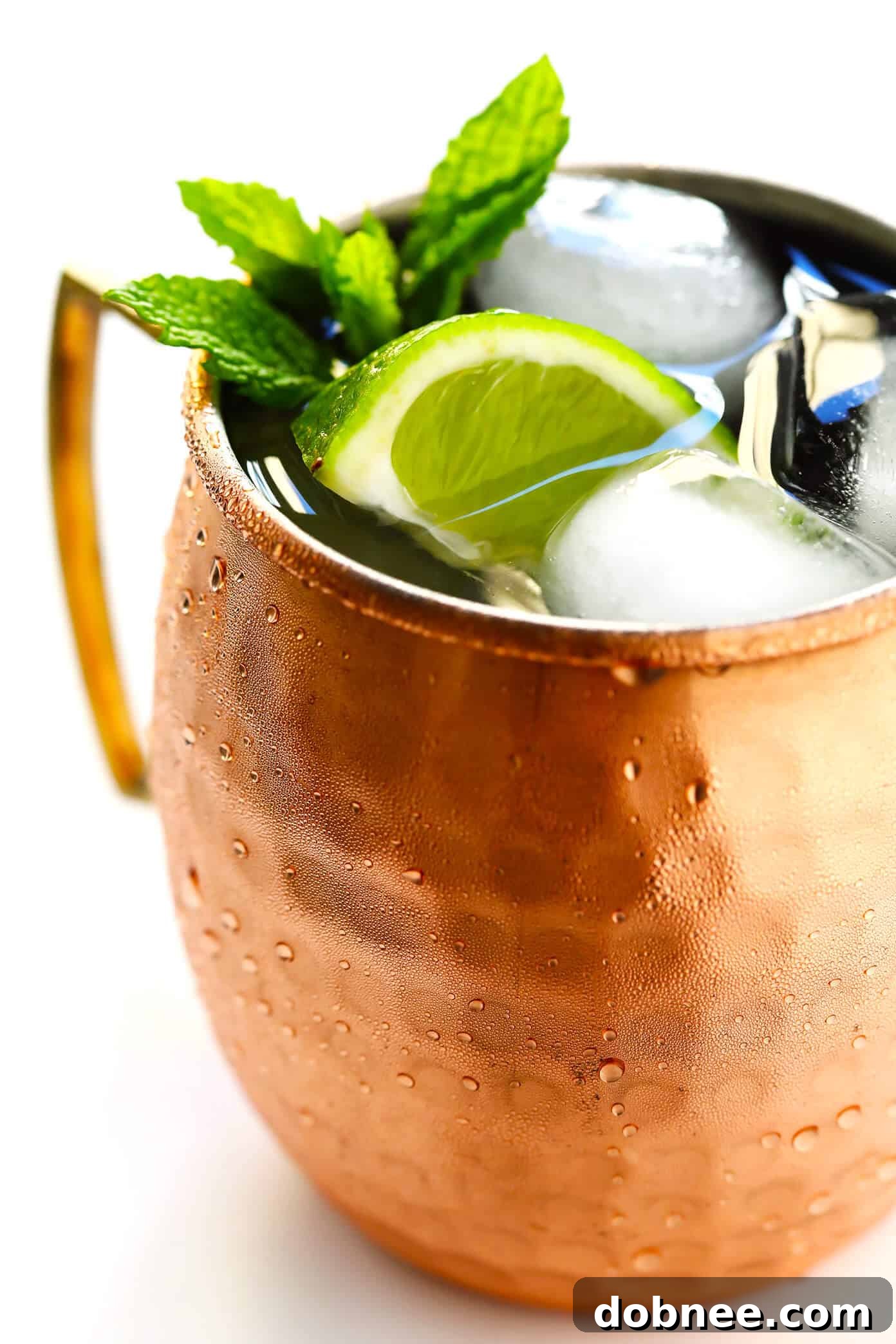 Two perfectly garnished Moscow Mules in copper mugs, ready to be enjoyed.