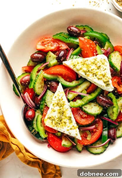 Authentic Greek Salad with block feta and fresh vegetables
