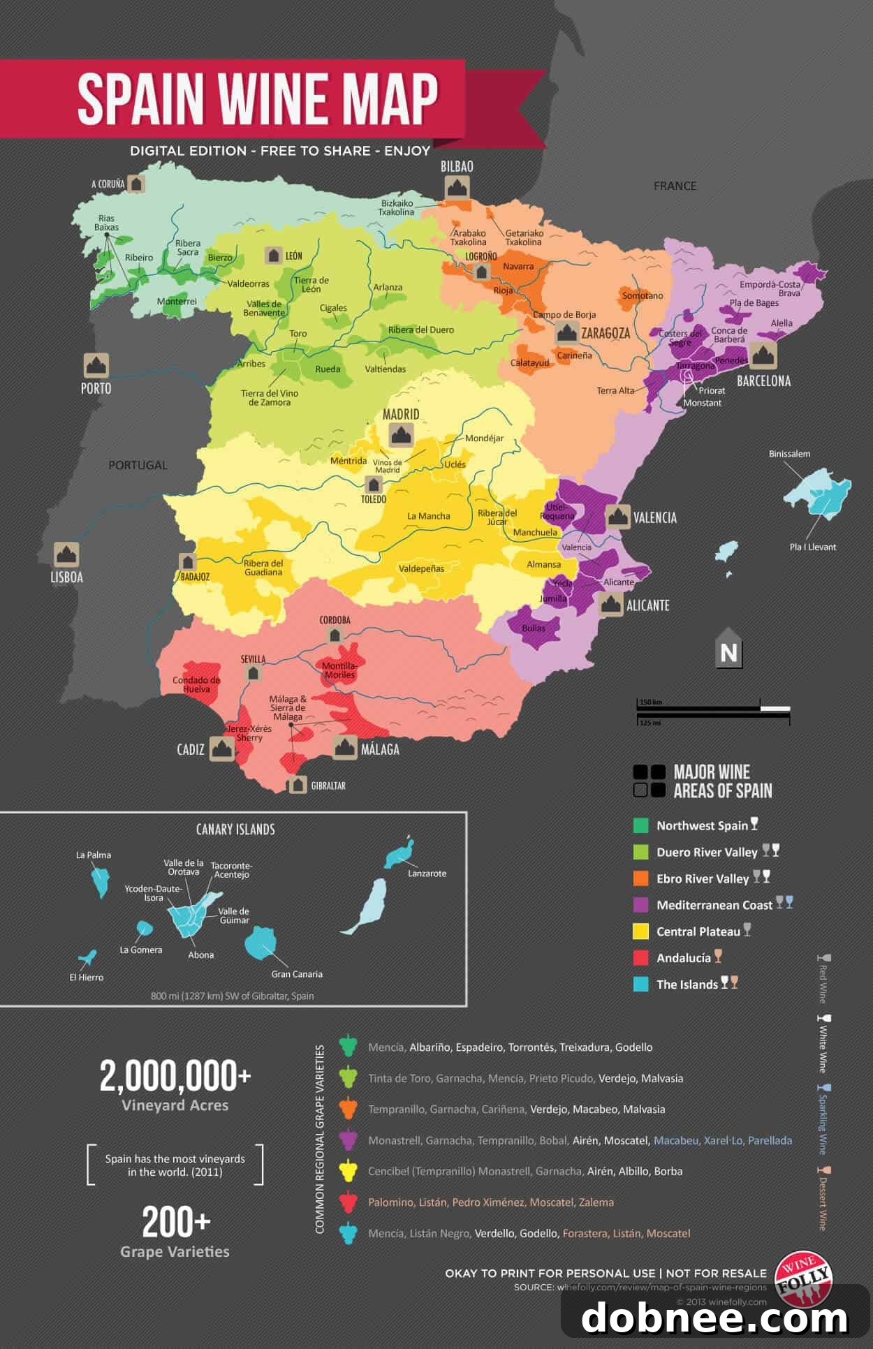 Spain Wine Map illustrating diverse wine regions