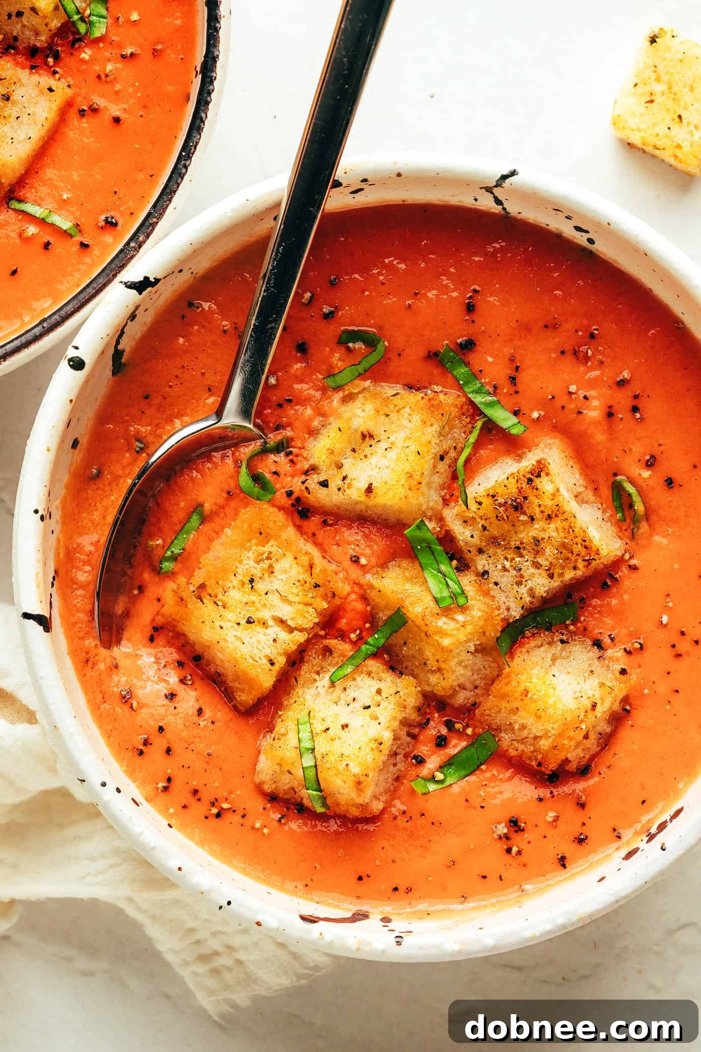 A vibrant bowl of fresh tomato gazpacho, garnished with herbs and a drizzle of olive oil.