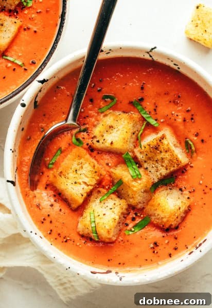 A close-up of a bowl of fresh gazpacho ready to be served, with a spoon.