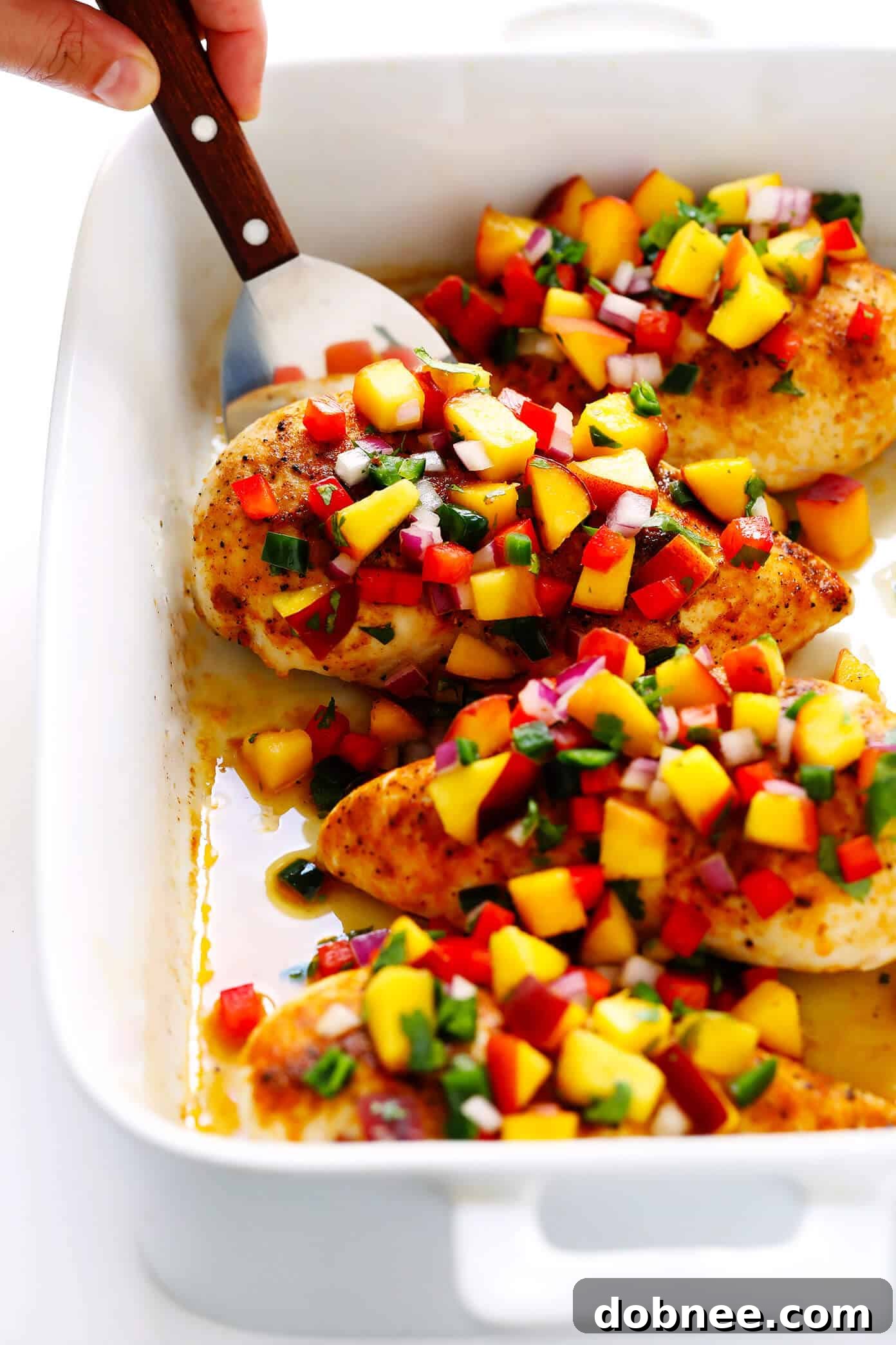 Baked Ginger Chicken with Confetti Peach Salsa Recipe - A perfect sweet and savory summer dinner.
