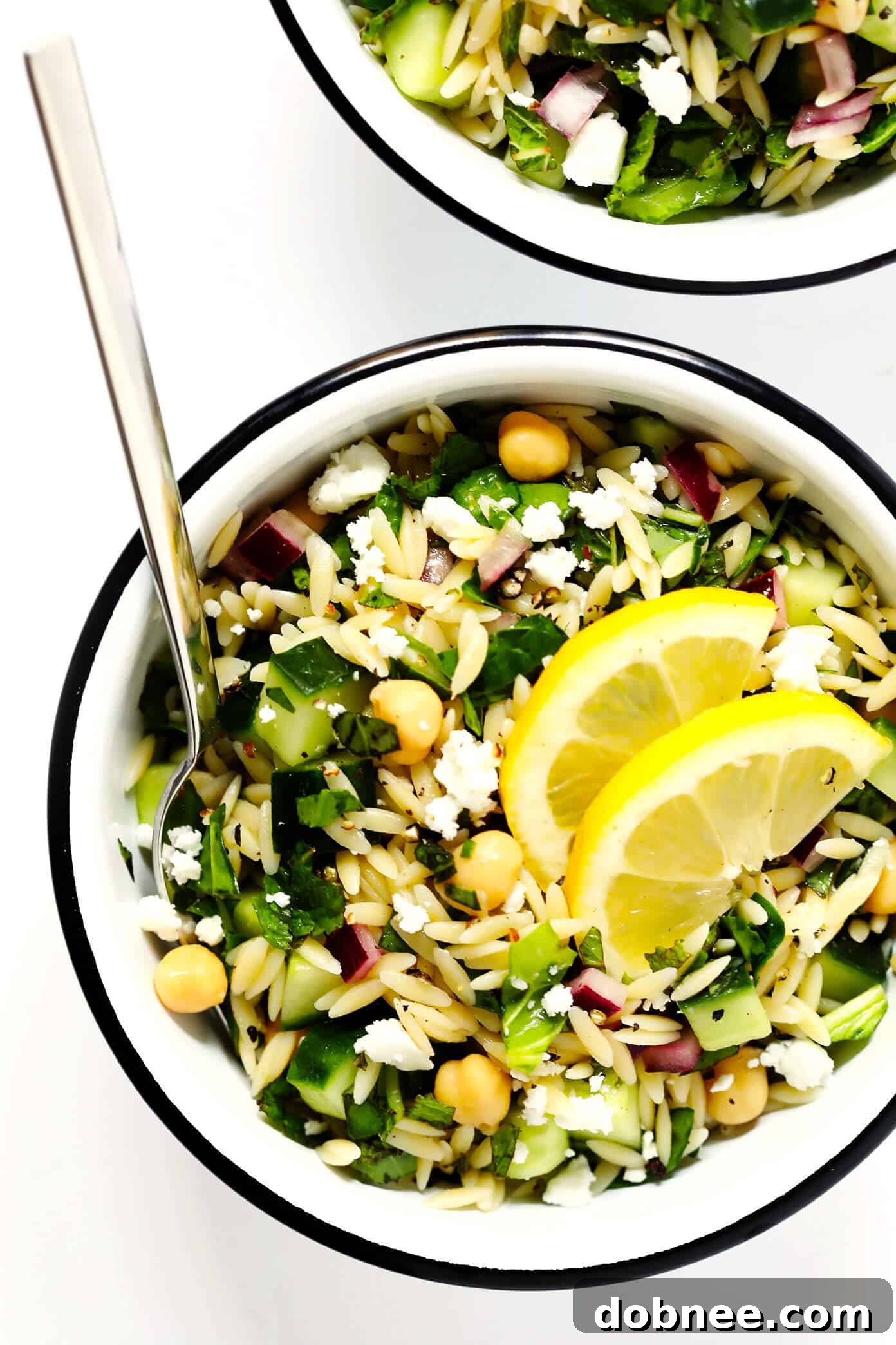 Herb-Lovers Lemony Orzo Pasta Salad Recipe | Fresh, Vegan-Optional Potluck Favorite with Chickpeas & Feta