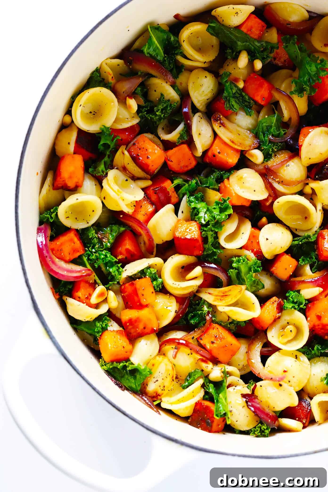 Vegetarian Pasta with Caramelized Sweet Potatoes, Kale and Parmesan | Balsamic-Garlic Sauce for Fall/Winter Dinner