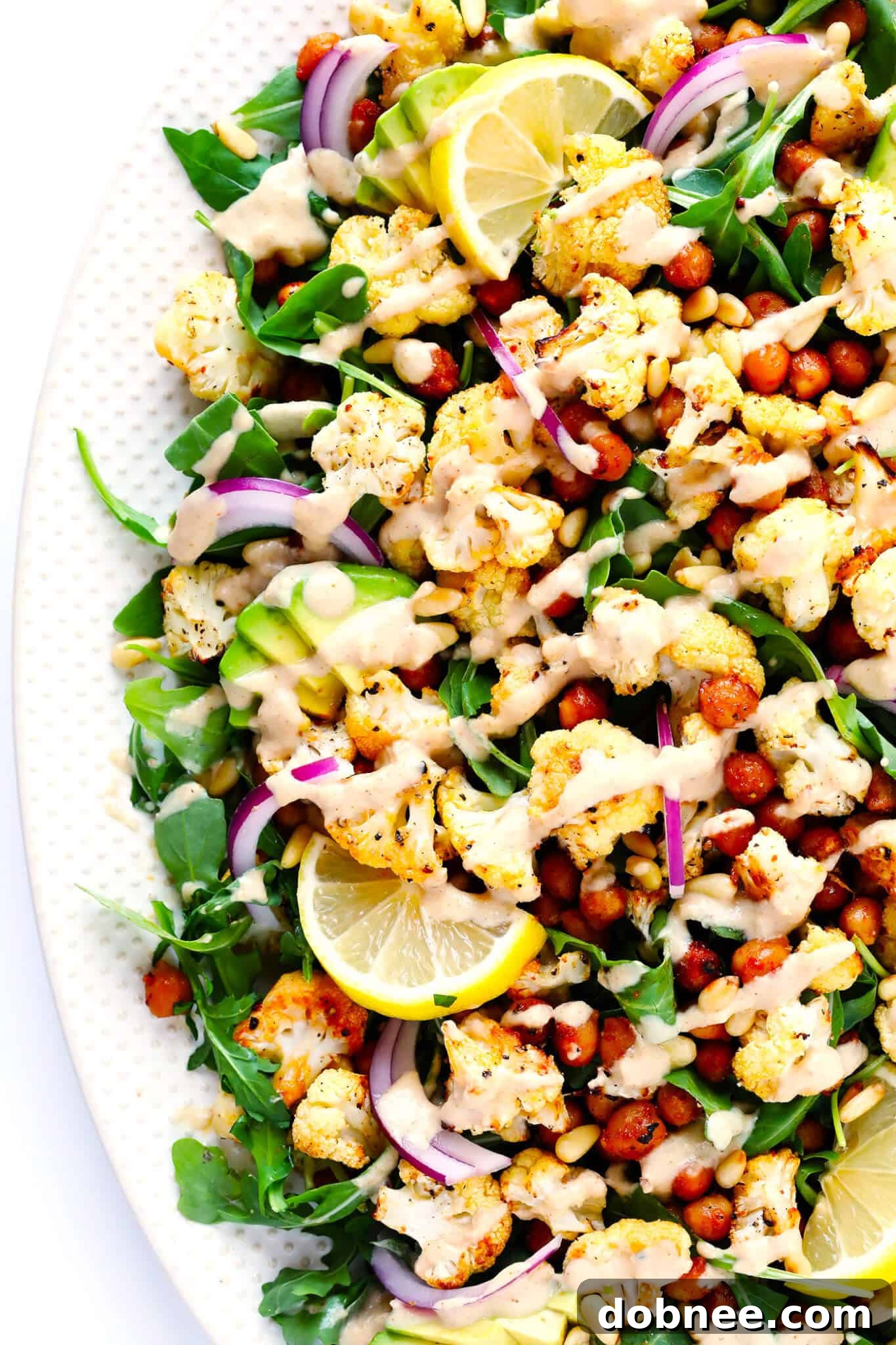 Roasted Cauliflower, Chickpea and Arugula Salad Recipe with Tahini Dressing | Healthy, Vegan & Gluten-Free Dinner