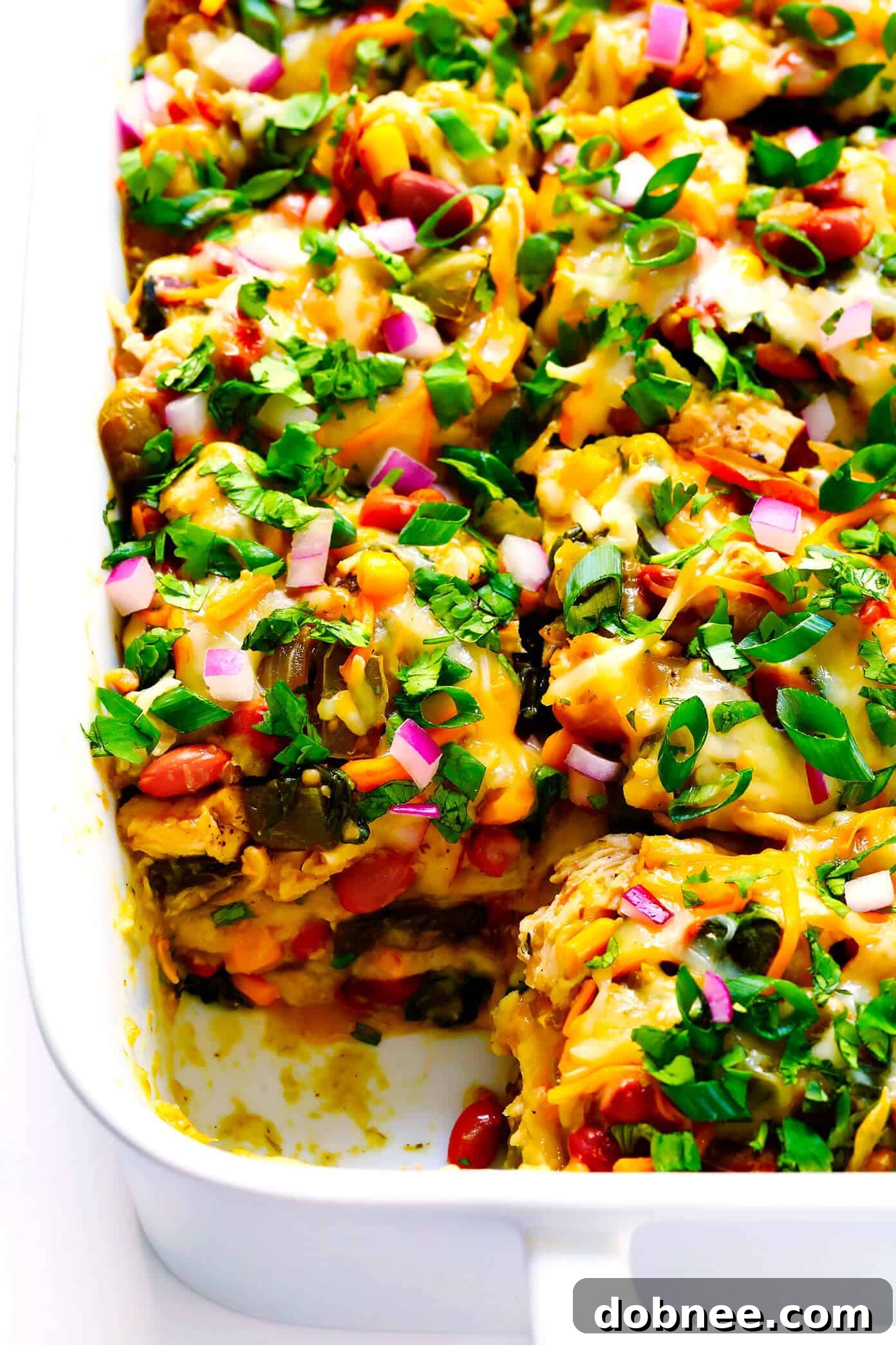 Verde Chicken Enchilada Casserole Recipe with Green Enchilada Sauce, ready to serve