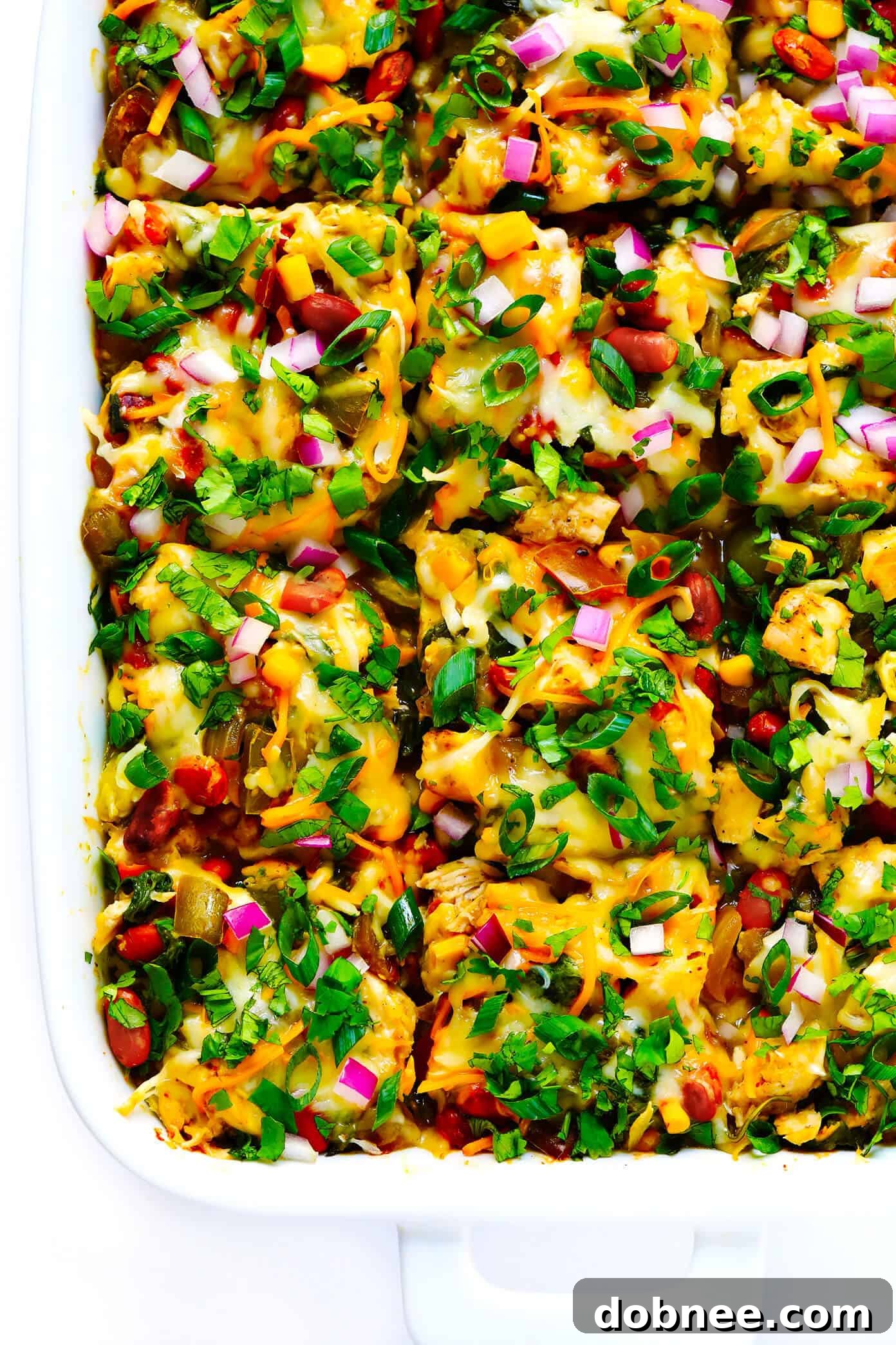 Verde Chicken Enchilada Casserole Recipe, close-up shot of the layers