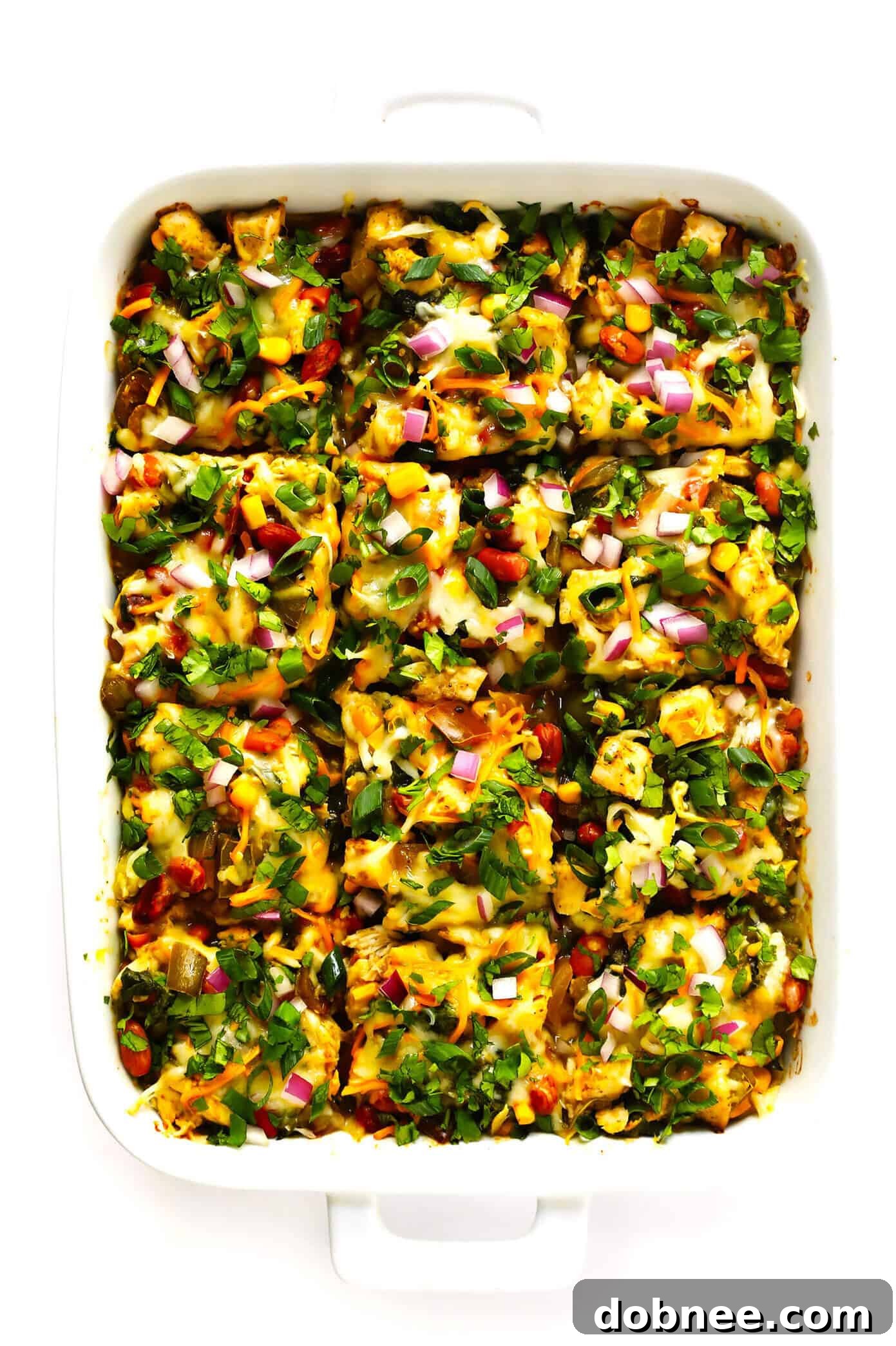Green Chicken Enchilada Casserole Recipe, served with fresh toppings