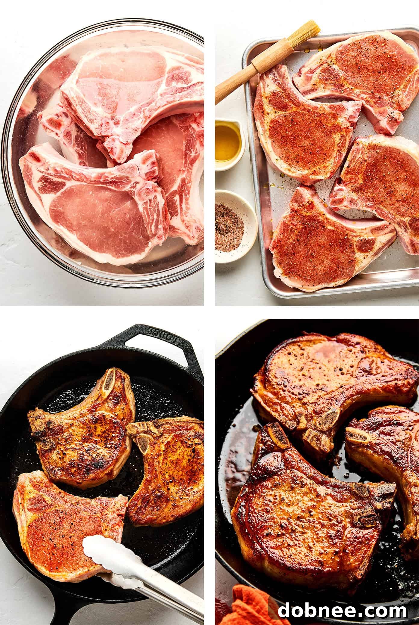 Close-up of a seasoned pork chop in a hot cast-iron skillet, searing.