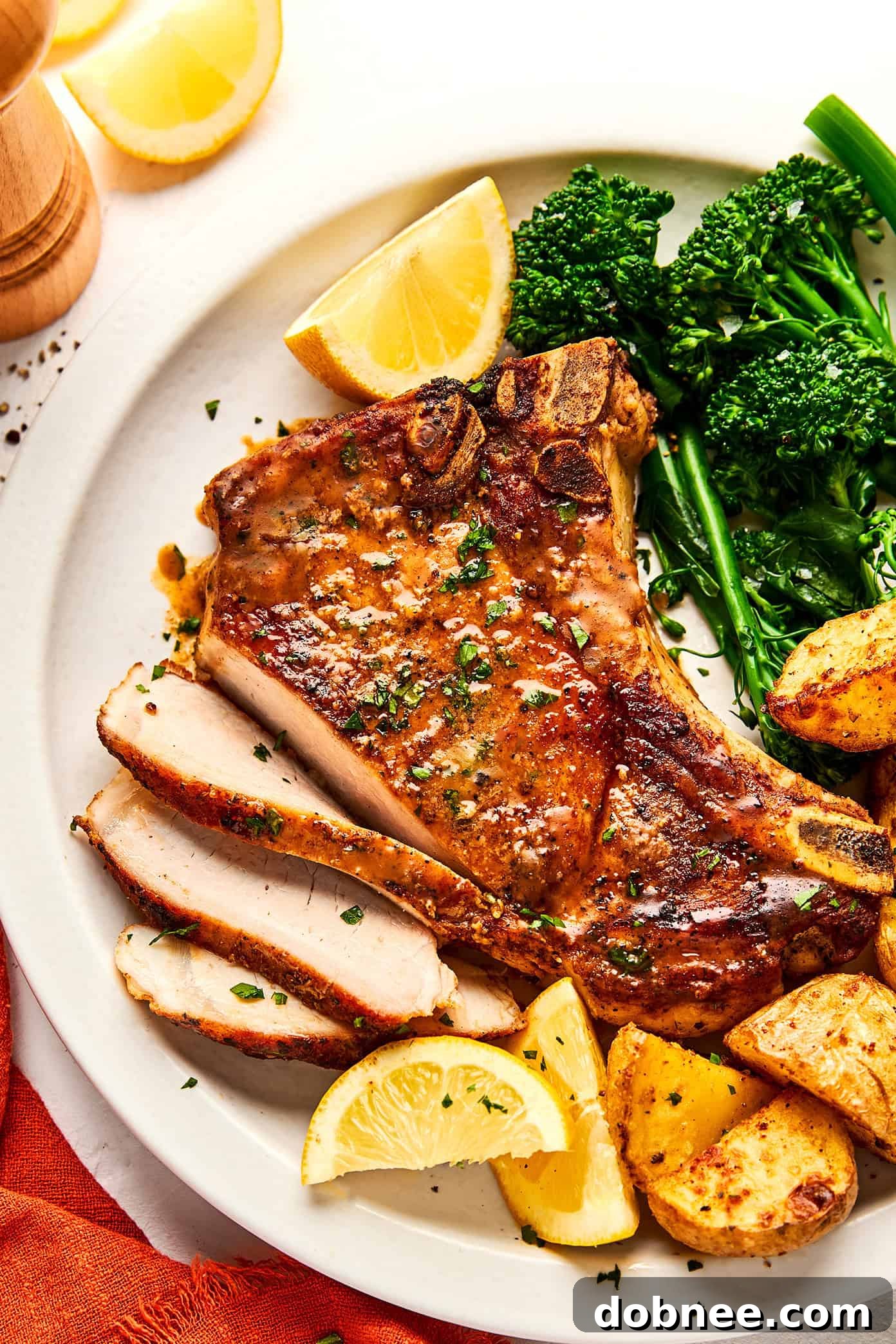 A beautifully arranged serving of baked pork chops with a side dish.