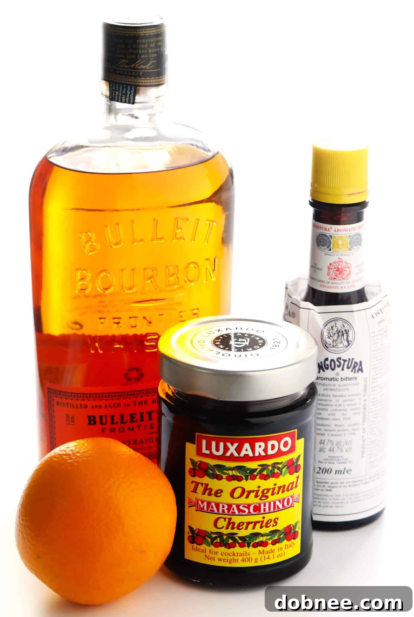 Maple Old Fashioned Cocktail Drink Ingredients - Bourbon, Bitters, Maple Syrup, Orange