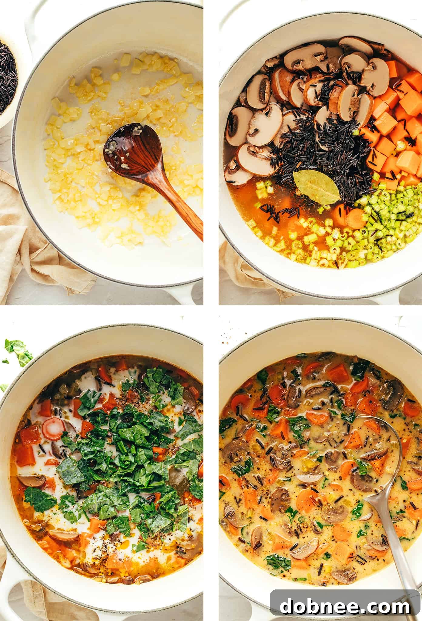 Ingredients for autumn wild rice soup laid out on a wooden board