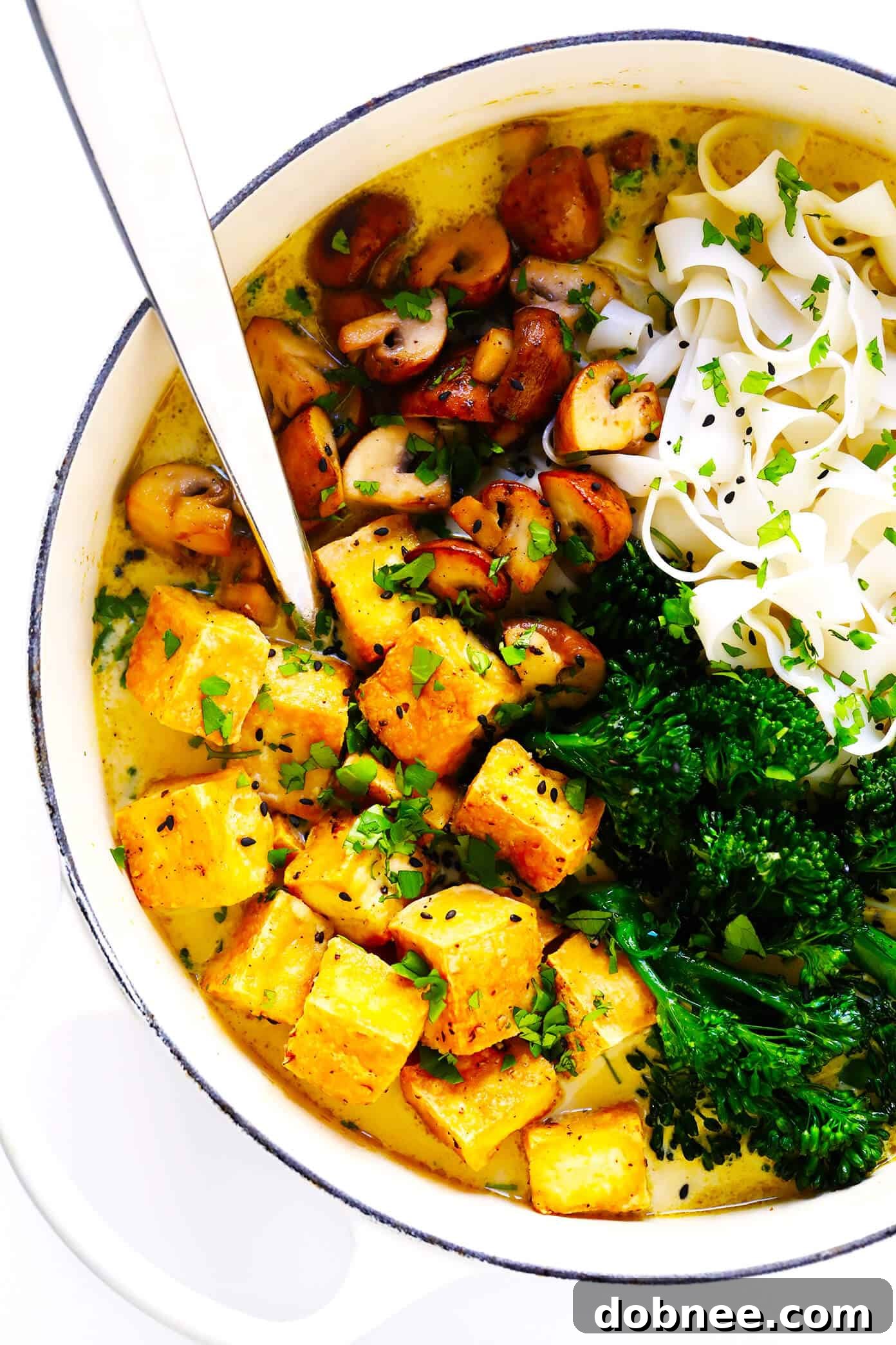 Customizable Thai Green Curry Soup showcasing various proteins like tofu, chicken, beef, or shrimp, adaptable for any diet and preference