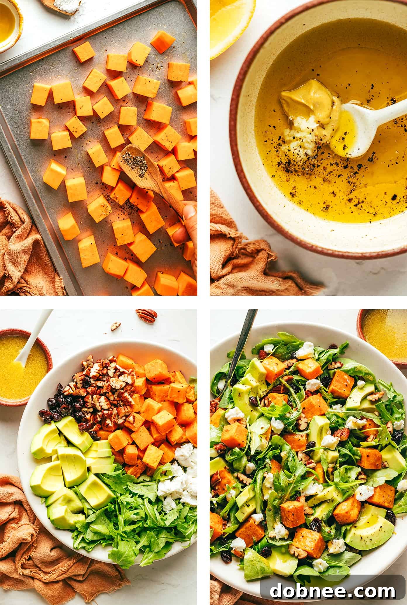Step-by-step imagery showing the preparation of the Feel-Good Fall Salad, from roasting sweet potatoes to combining all ingredients in a bowl.