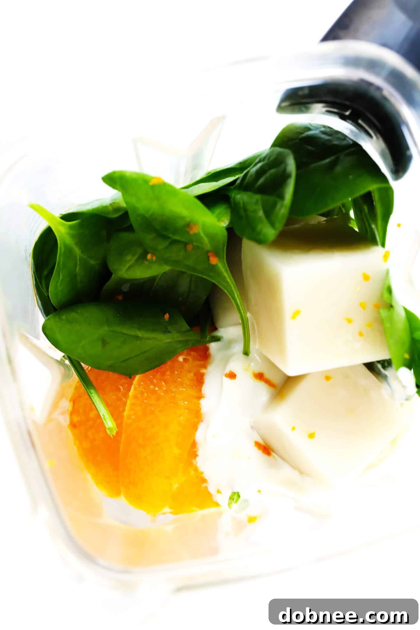 Green Orange "Julius" Smoothie Ingredients - Fresh oranges, spinach, almond milk, yogurt, vanilla, and sweetener ready for blending.