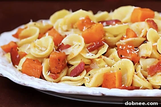 Roasted Butternut and Bacon Pasta, a perfect autumn comfort food dish.