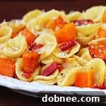Roasted Butternut and Bacon Pasta prepared on a plate.