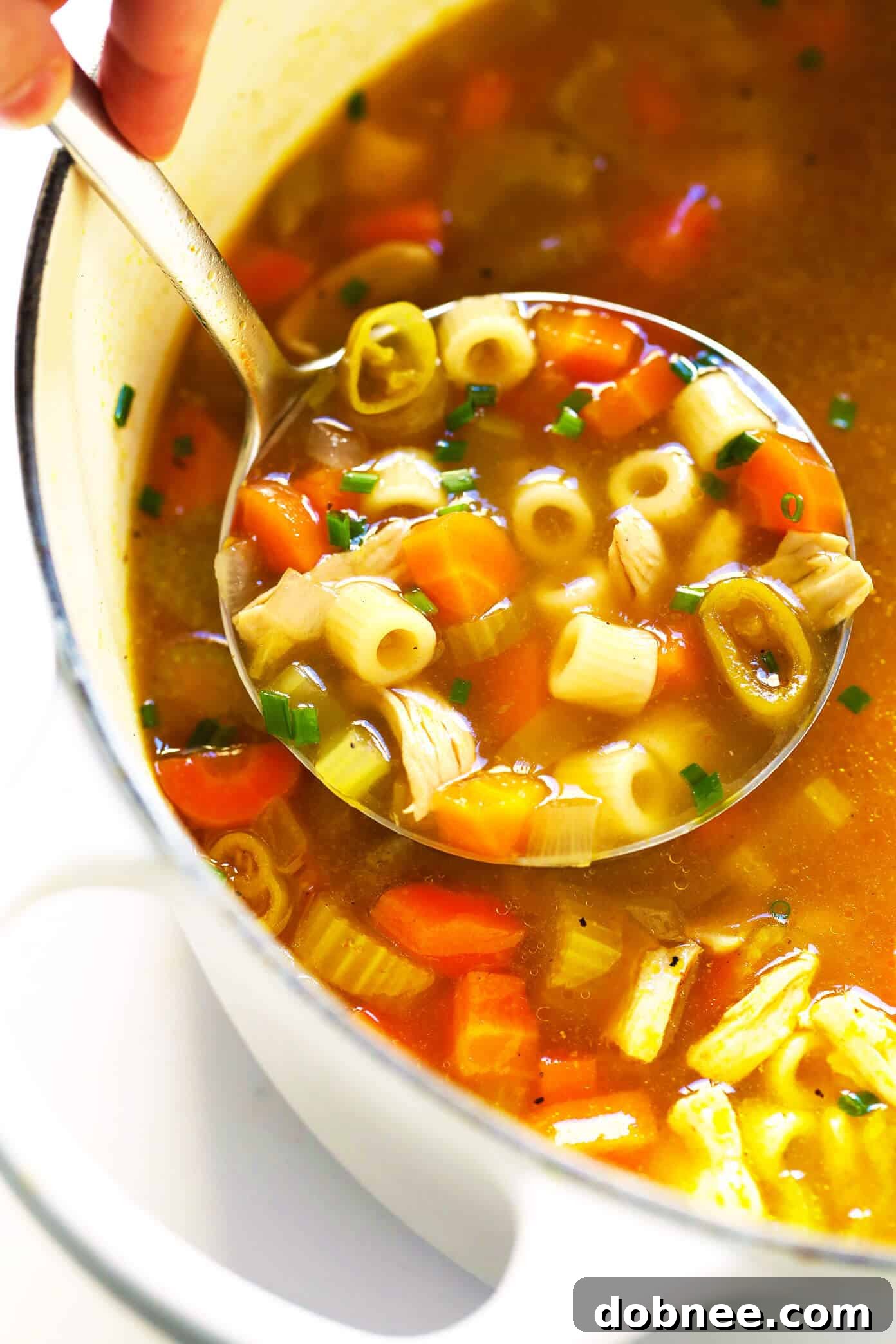 Spicy chicken noodle soup in a pot with pepperoncini peppers