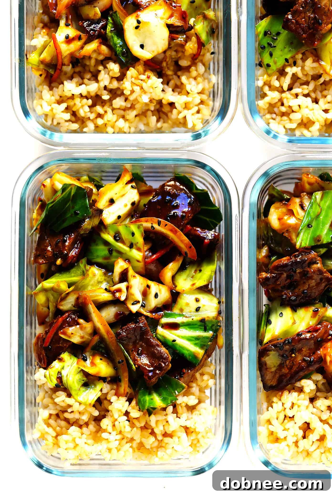 Sesame Beef and Cabbage Stir Fry prepared for healthy meal prep containers