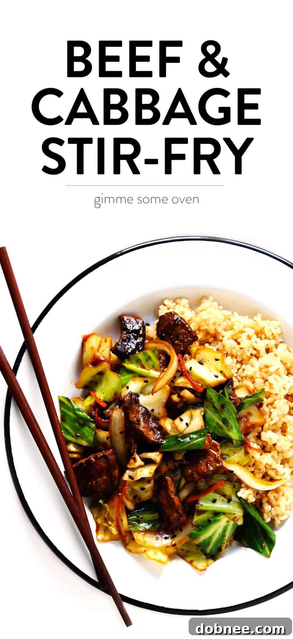 Sesame Beef and Cabbage Stir Fry with brown rice ready for serving