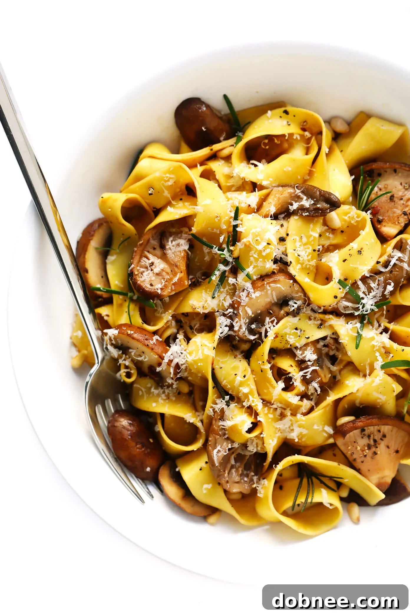 Hearty Mushroom Lovers Pasta with Balsamic Butter Sauce Mushroom Lovers Pasta in a bowl, garnished with herbs and Parmesan