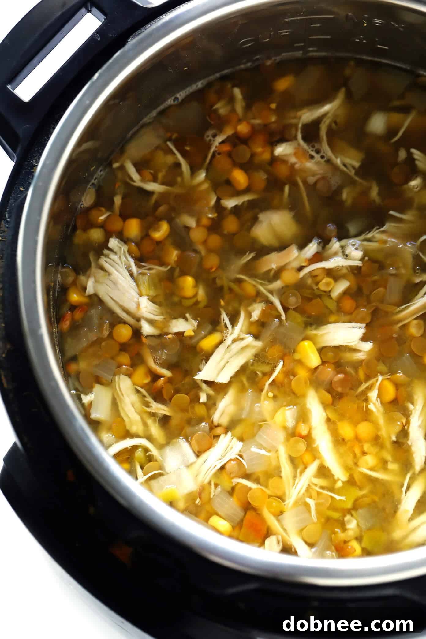 Instant Pot Chicken Soup with Salsa Verde, garnished with fresh cilantro and avocado slices.
