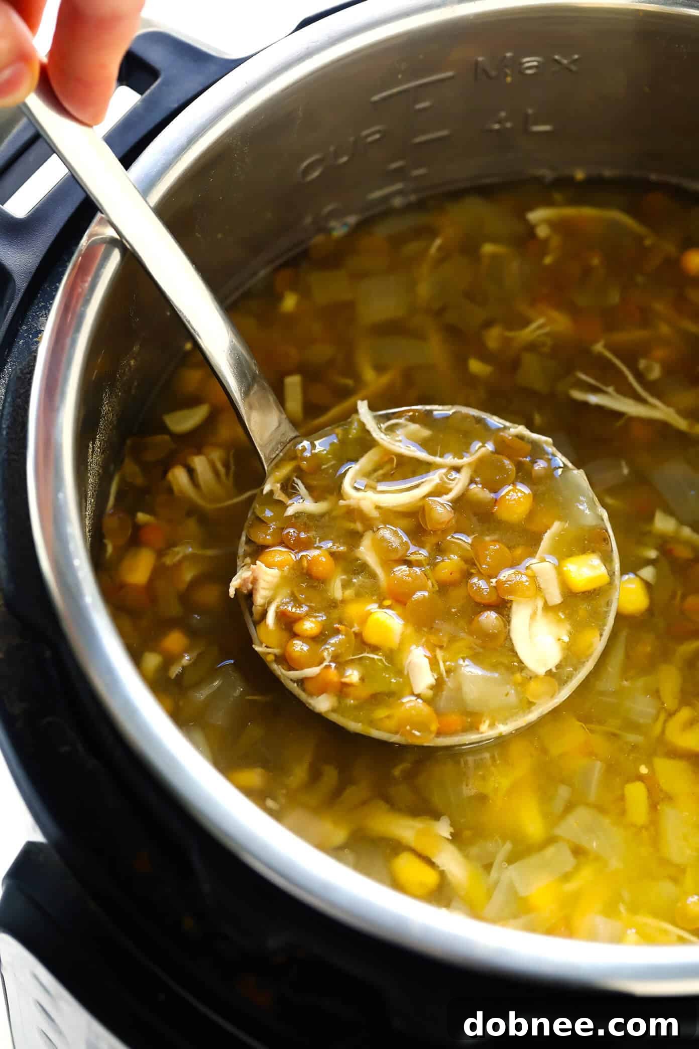 Mexican Lentil Chicken Soup served in a bowl, showing a close-up of the chunky texture and vibrant colors.
