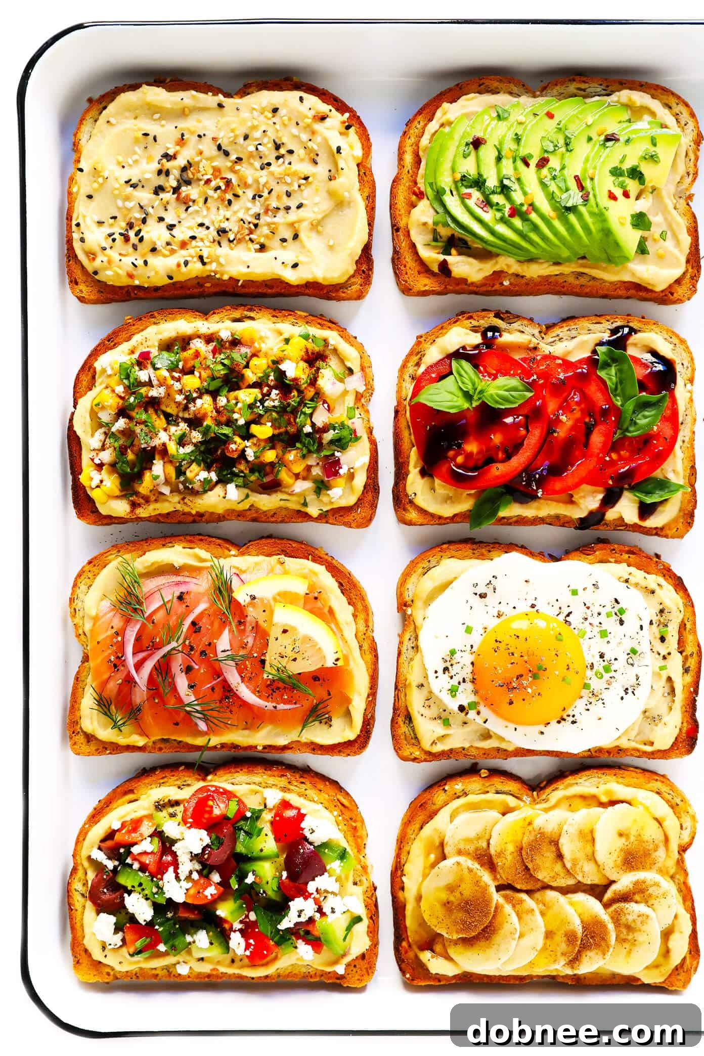 Delicious and Customizable Hummus Toast with Various Toppings