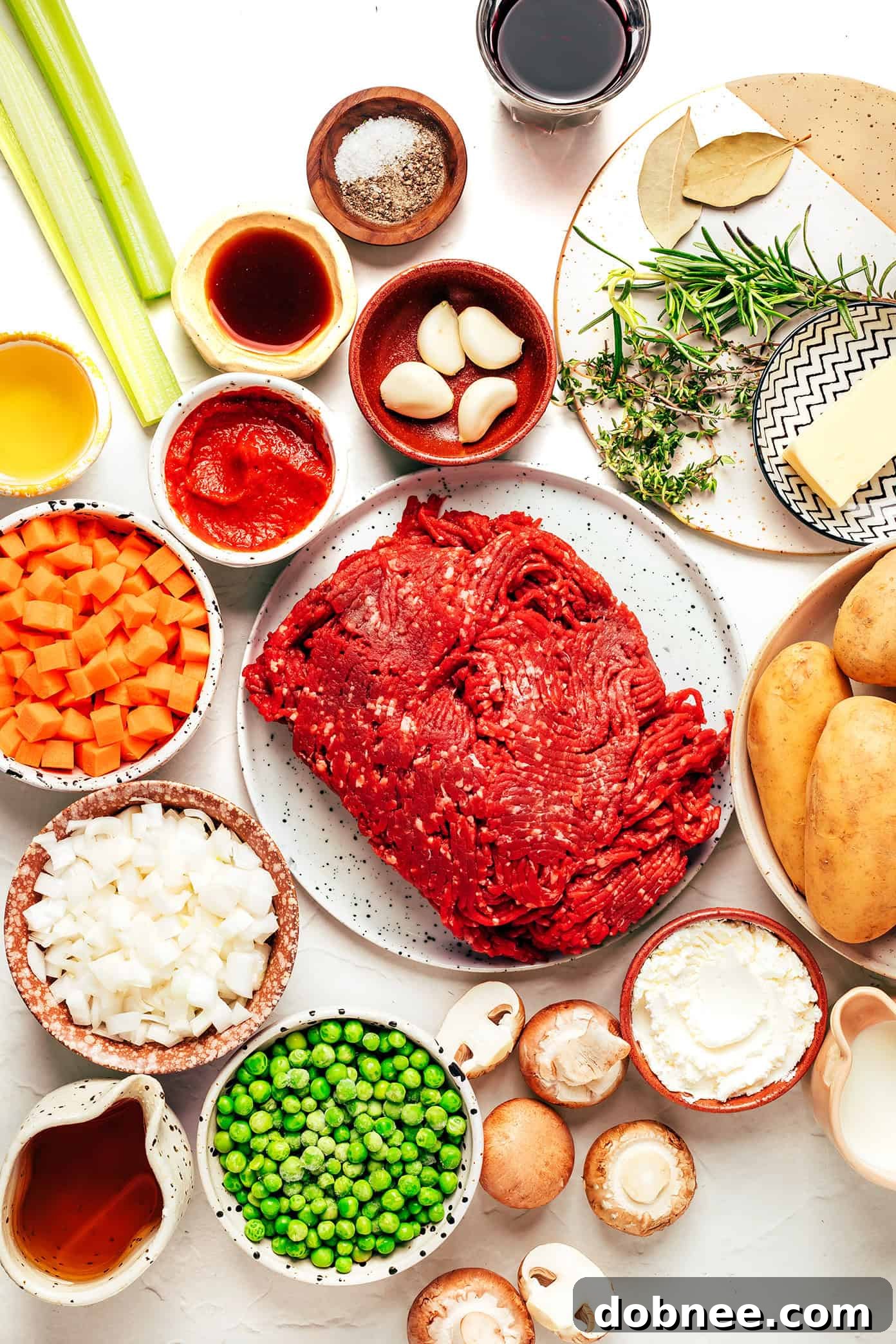 Close-up of Shepherd's Pie filling with minced meat and vegetables