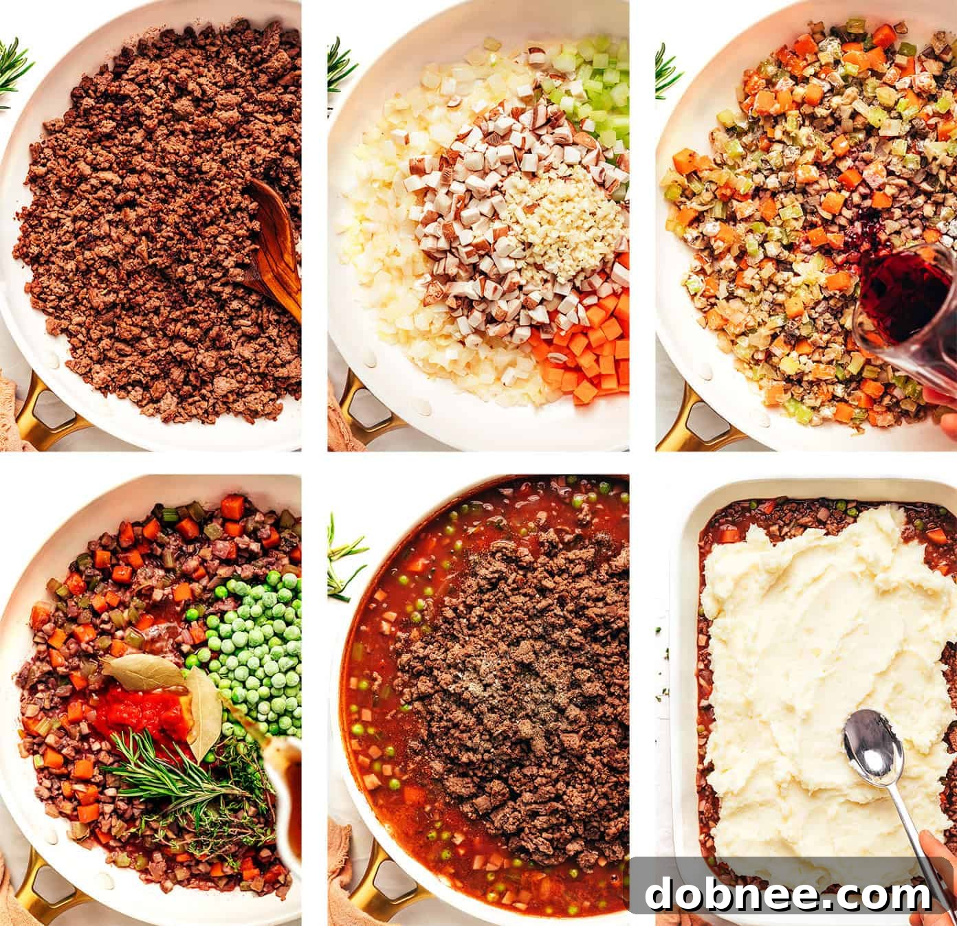 Ingredients for Shepherd's Pie arranged on a wooden board