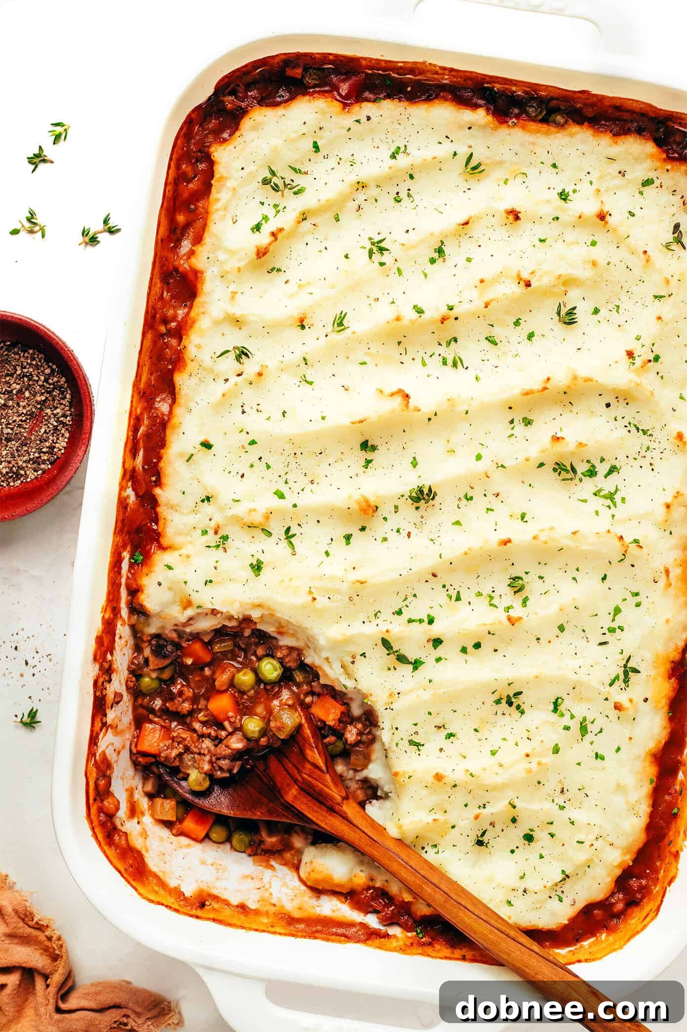A freshly baked Shepherd's Pie with a beautifully browned mashed potato topping