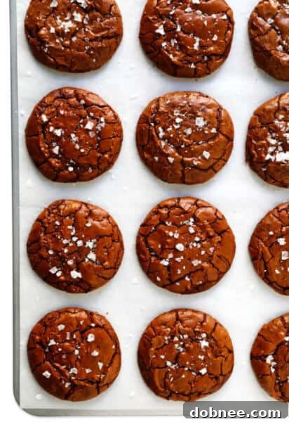 Fudgy, crinkly chocolate brownie cookies with flaky sea salt