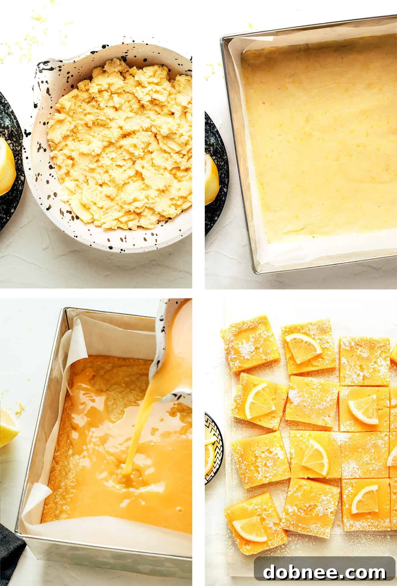Overhead shot of lemon bars in a square baking pan, ready to be cut and served.