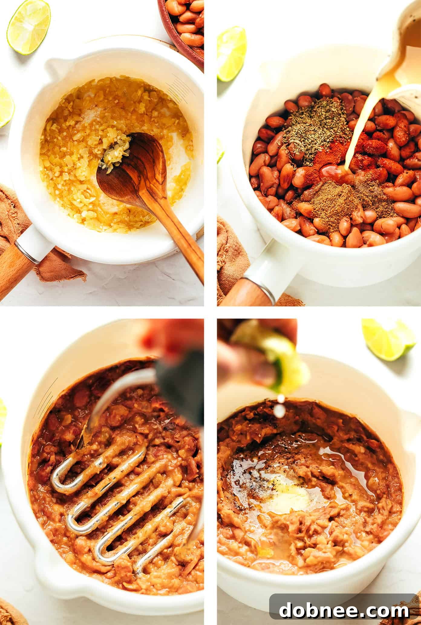 A large pot of perfectly mashed refried beans, showcasing their rich, creamy texture and ready for final seasoning.