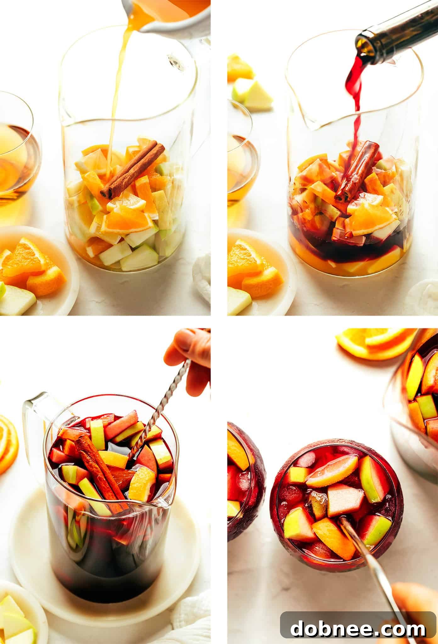 A close-up view of a large glass pitcher filled with various diced fruits and red wine, illustrating the mixture before chilling.