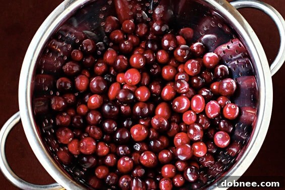 Close-up of fresh cranberries and a whole pomegranate, highlighting the key ingredients for the sauce.