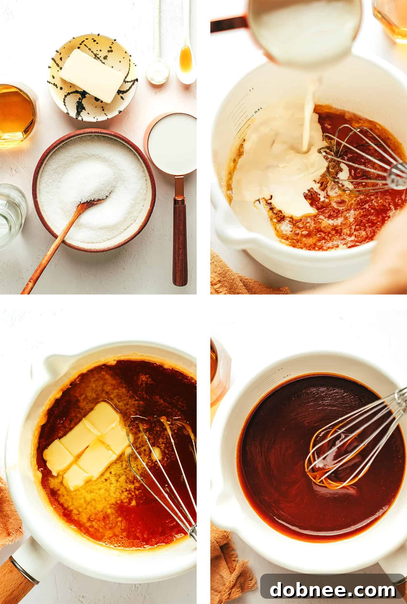Ingredients for bourbon caramel sauce laid out on a kitchen counter, including sugar, water, cream, butter, bourbon, vanilla, and salt.