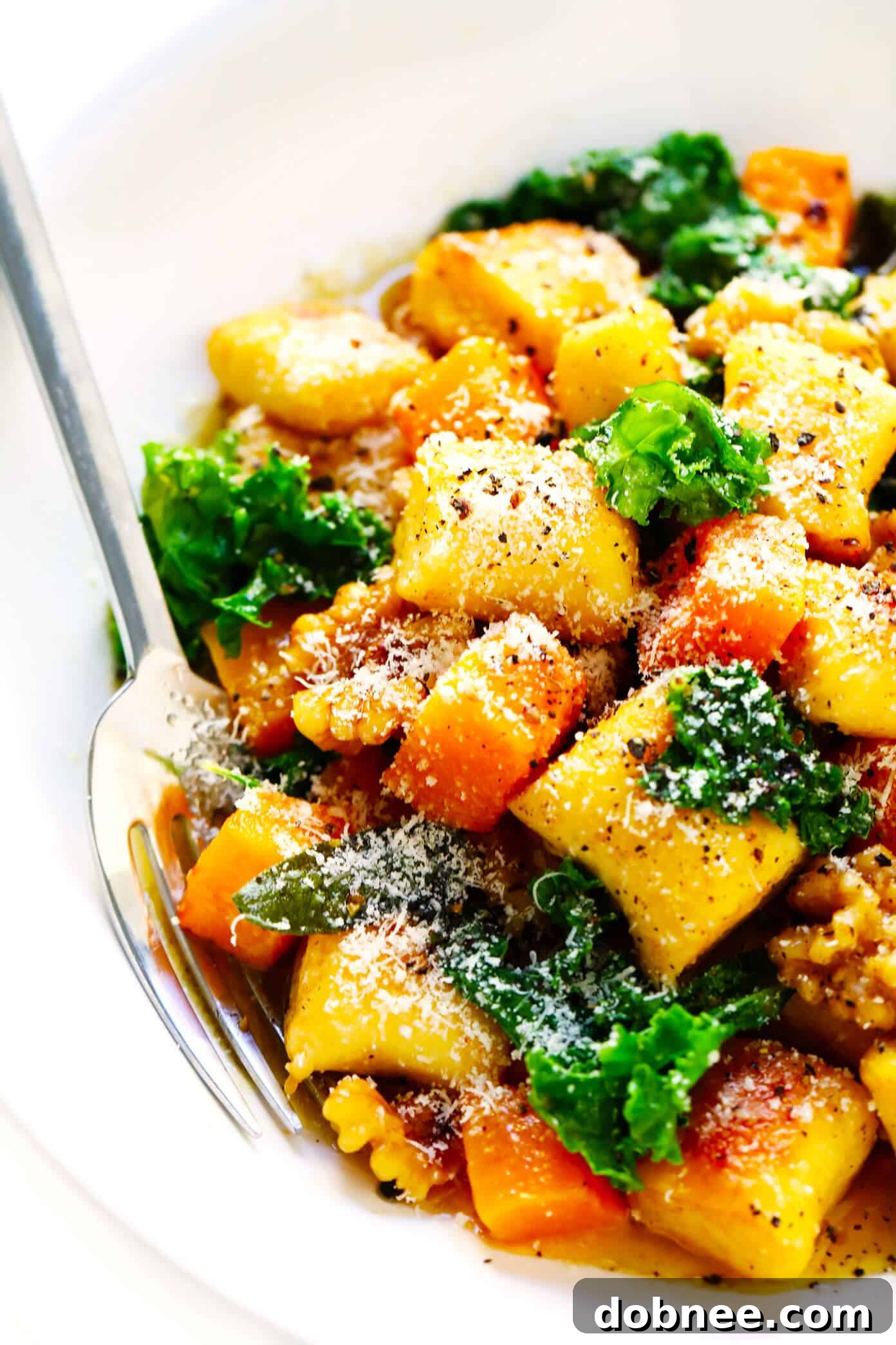 Toasted Gnocchi with Roasted Butternut Squash, Kale, Parmesan, Walnuts and Sage Brown Butter Sauce