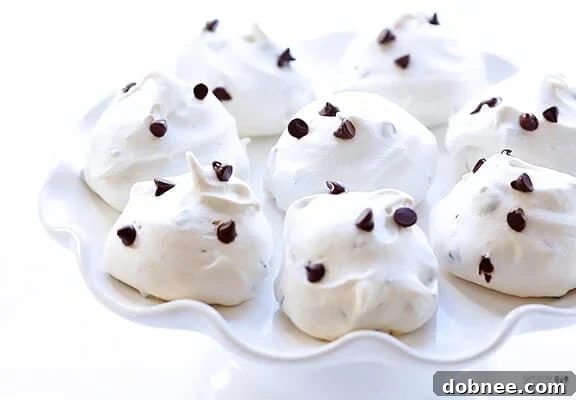 Crisp, light, and perfectly baked chocolate chip meringue cookies on a cooling rack, showcasing their airy texture and scattered mini chocolate chips.