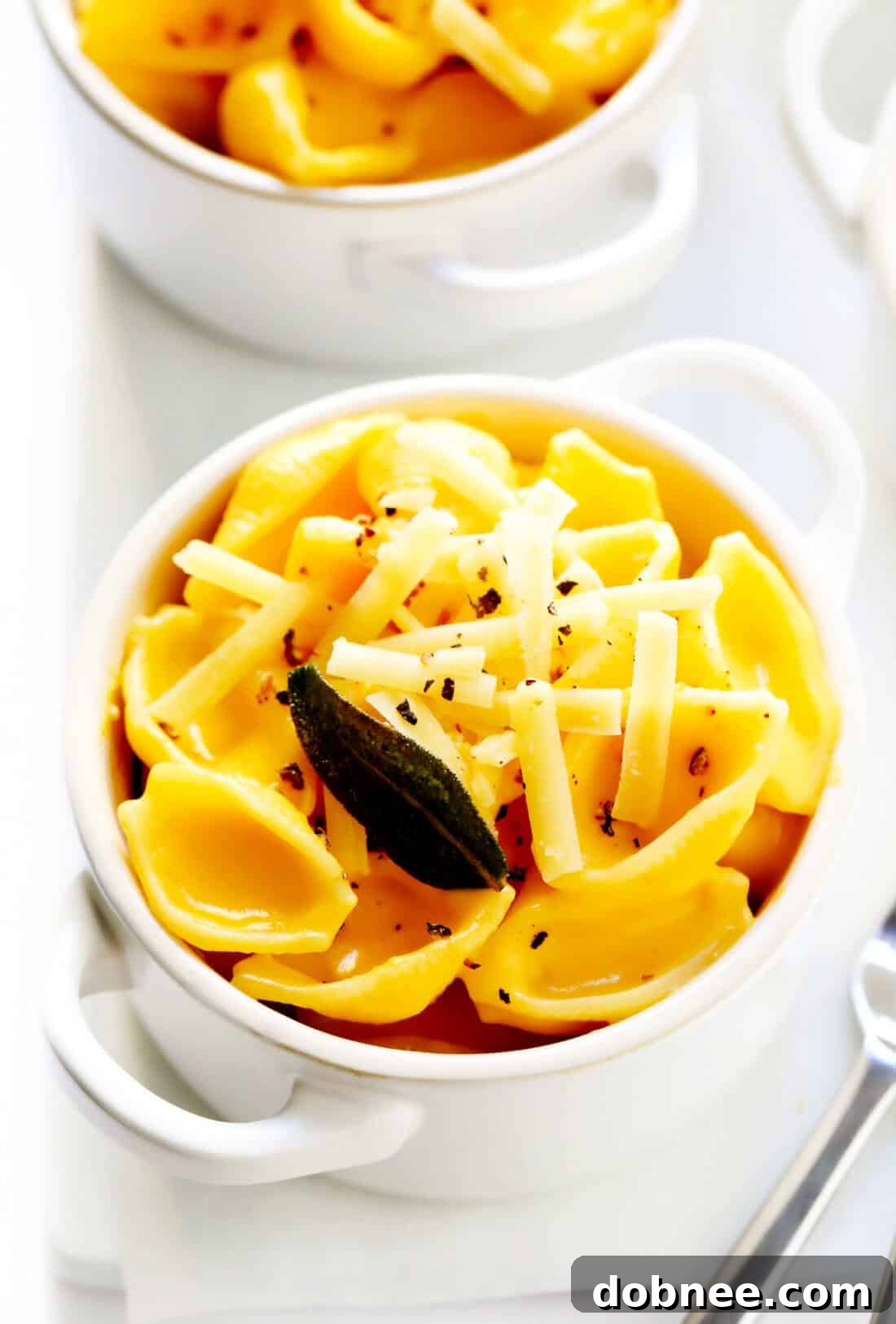 Butternut Squash Mac and Cheese recipe with crispy sage garnish