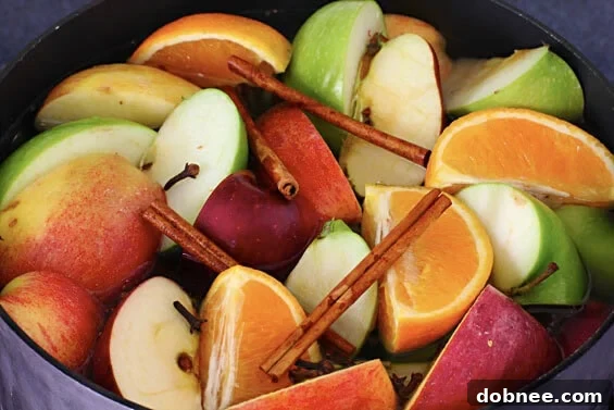 Warm Homemade Apple Cider in a mug, garnished with cinnamon stick and apple slices.